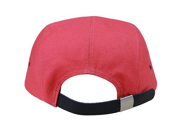 Back of Red 5 Panel Hat With Khaki Suede Brim
