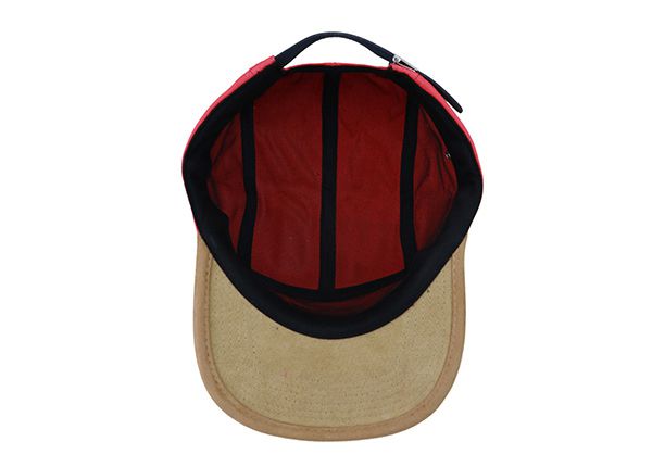 Inside of Red 5 Panel Hat With Khaki Suede Brim