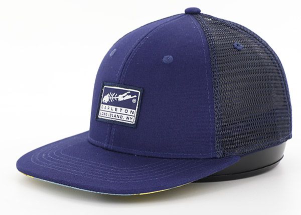Slant of Custom Blue 6 Panel Snapback Trucker Hat with Patch Logo