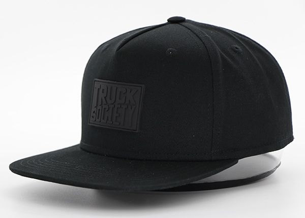 Slant of All Black Snapback Hat With Leather Label