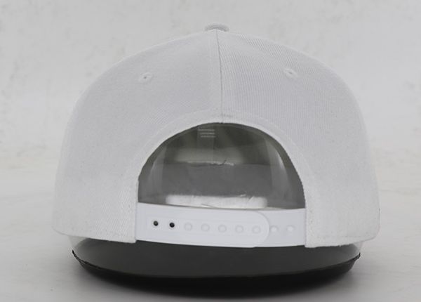 Back of Custom All White Snapback Hat with Embroidered Black Logo
