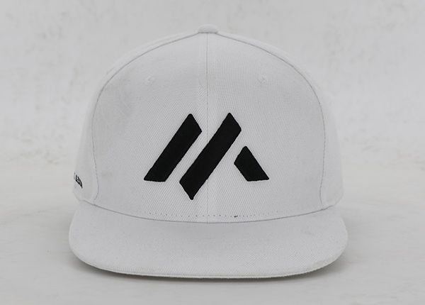 Front of Custom All White Snapback Hat with Embroidered Black Logo