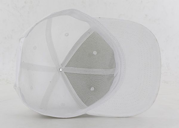 Inside of Custom All White Snapback Hat with Embroidered Black Logo