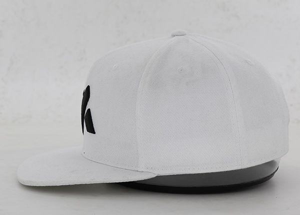 Side of Custom All White Snapback Hat with Embroidered Black Logo