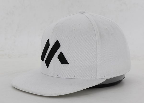 Slant of Custom All White Snapback Hat with Embroidered Black Logo