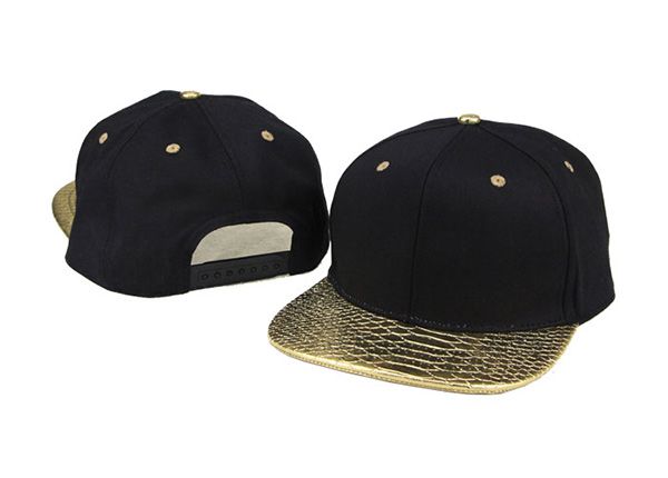 Overview of Black and Gold Snapback with Golden PU Brim