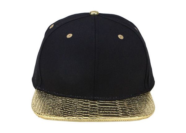 Front of Black and Gold Snapback with Golden PU Brim