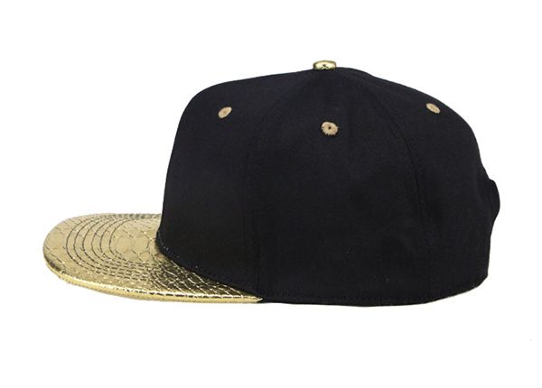 Side of Black and Gold Snapback with Golden PU Brim