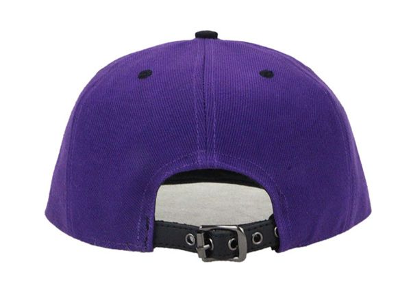 Back of Black and Purple Snapback Hat With Metal Adjustable Closure