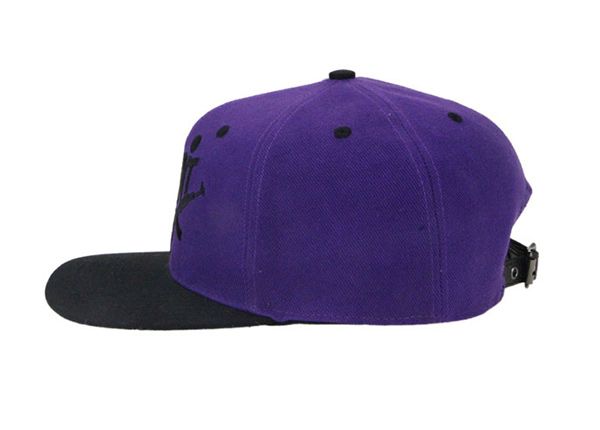 Side of Black and Purple Snapback Hat With Metal Adjustable Closure