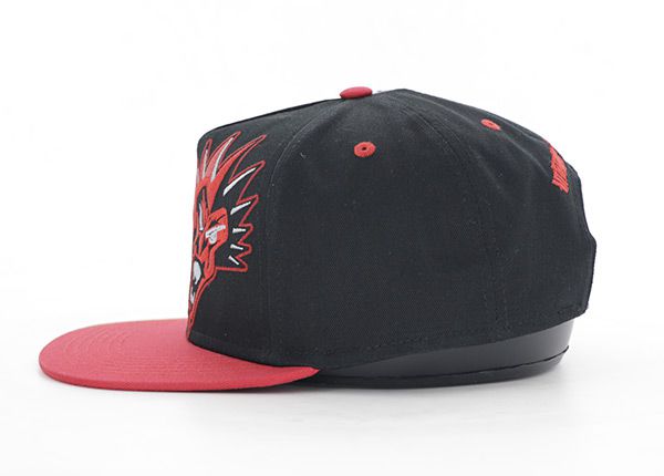 Side of Black and Red Snapback With 3d Embroidery Logo