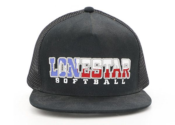 Front of Black Trucker Snapback With Embroidered Patch