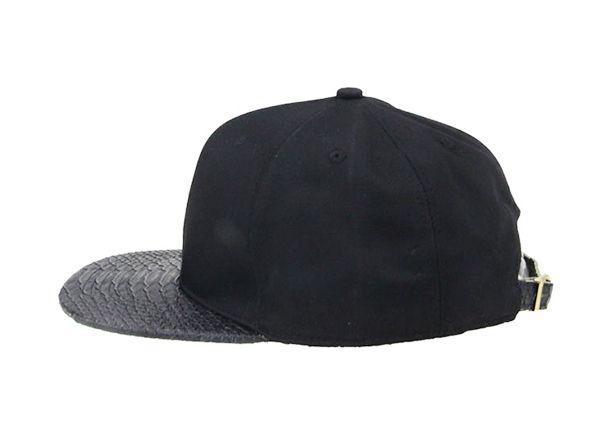 Side of Custom Black Blank 6 Panel Flat Brim Snapbacks