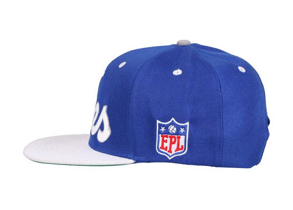 Side of Blue and White Snapback with Blue Logo