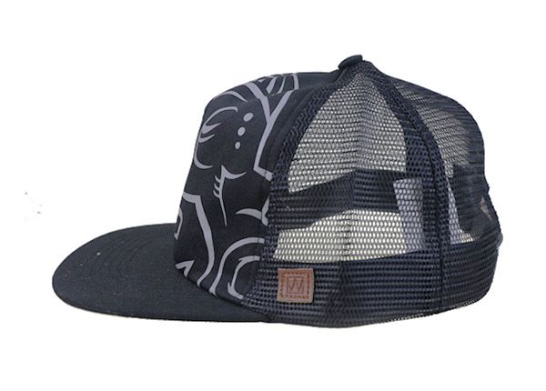 Side of Custom Black Flat Bill Snapback Trucker Hat 