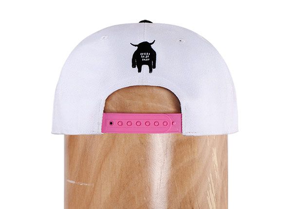 Back of White Funny Snapbacks with Cute Black Print Logo