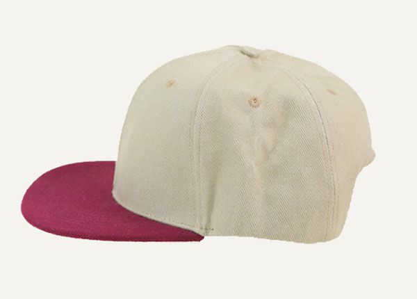 Side of Blank Khaki Snapback Hat With Wine Red Brim