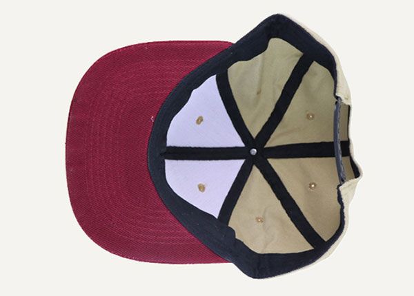 Inside of Blank Khaki Snapback Hat With Wine Red Brim