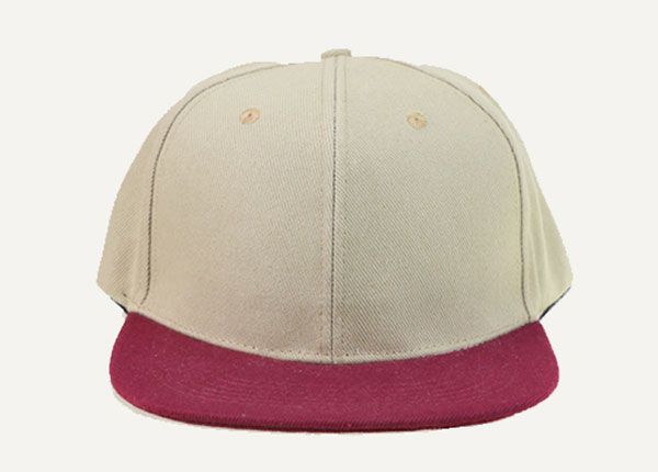 Front of Blank Khaki Snapback Hat With Wine Red Brim