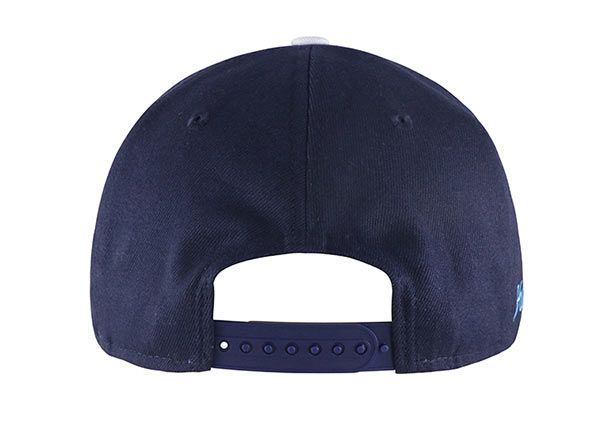 Back of Navy Blue and Grey Snapback With Embroidered Patch