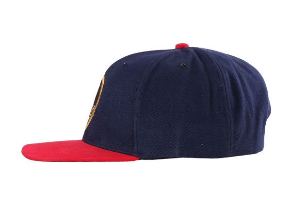 Side of Navy Blue and Red 2tone Flat Brim Snapback Hat