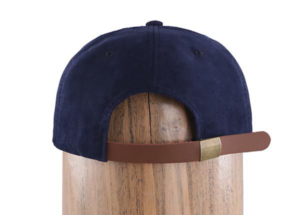 Back of Custom Navy Blue Corduroy Snapback Cap With Leather Strap Back