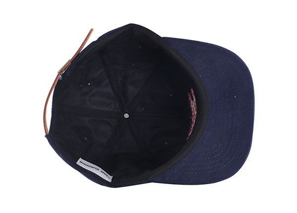 Inside of Custom Navy Blue Corduroy Snapback Cap With Leather Strap Back