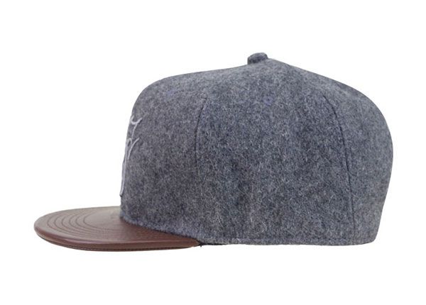 Side of Custom Grey Wool Old Vintage Snapback With Leather Brim