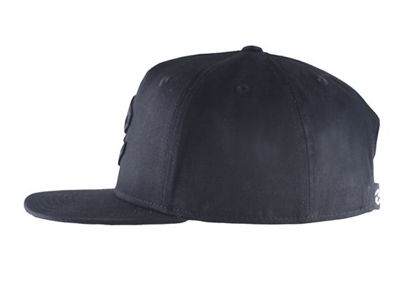 Side of Plain Black Snapbacks with Black Embroidered Logo