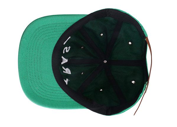 Inside of 6 Panel Plain Green Snapback with White Embroidered Logo