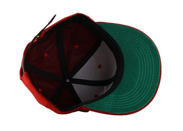 Inside of Woll Plain Red Snapback with Green Underbill