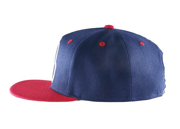 Side of Red and Blue Snapback with Red Bill