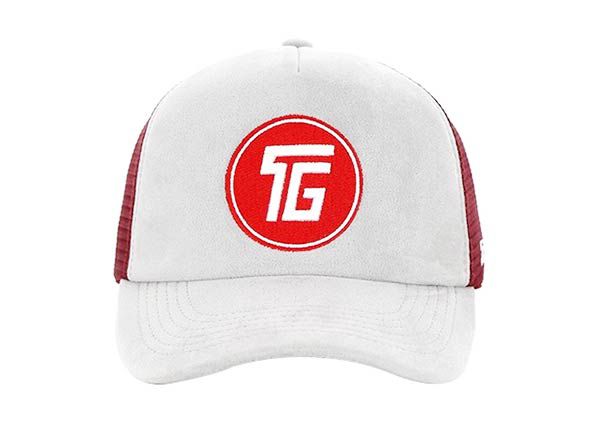 Front of Red and White Snapback Suede Trucker Hat