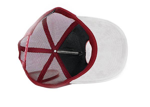 Inside of Red and White Snapback Suede Trucker Hat