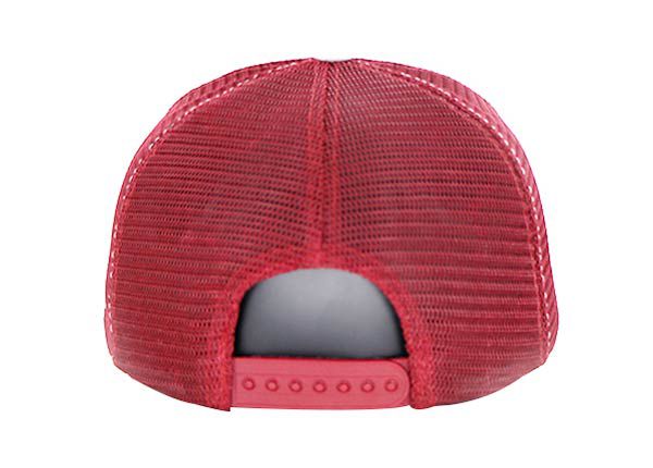 Back of Red and White Snapback Suede Trucker Hat