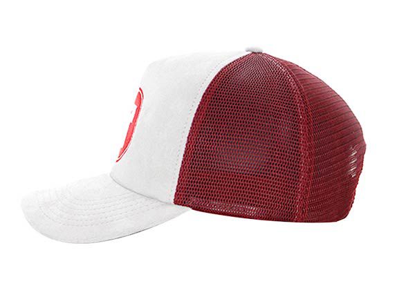 Side of Red and White Snapback Suede Trucker Hat