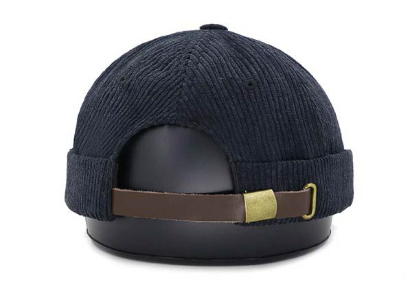 Back of Custom Black Corduroy Brimless Snapback Hat With Leather Strap Back
