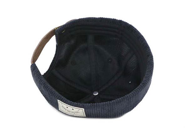 Inside of Custom Black Corduroy Brimless Snapback Hat With Leather Strap Back
