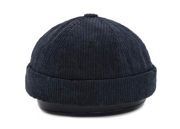 Side of Custom Black Corduroy Brimless Snapback Hat With Leather Strap Back