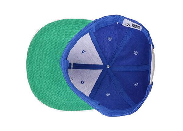 Inside of  6 Panel Blue High Quality Hat With Green Underbill