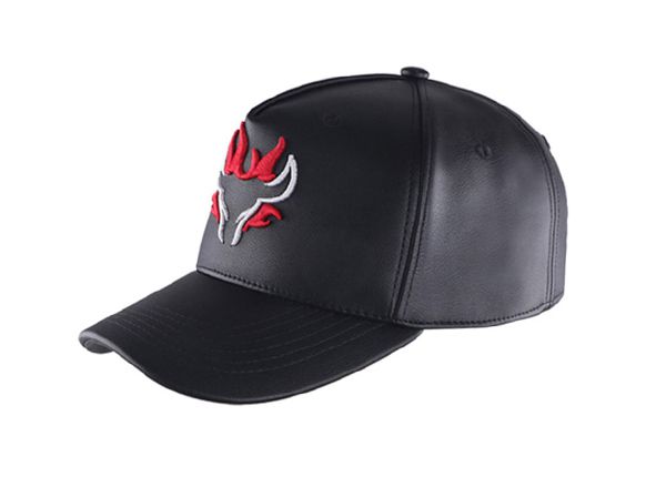 Slant of Custom Black Leather Team Baseball Hat