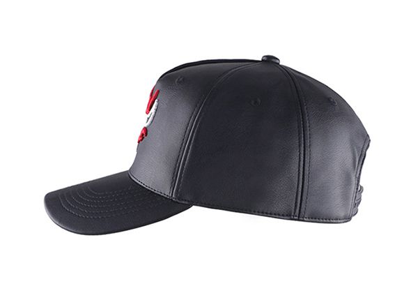 Side of Custom Black Leather Team Baseball Hat