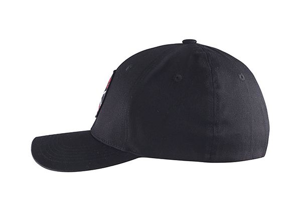 Side of All Black Fitted Baseball Cap