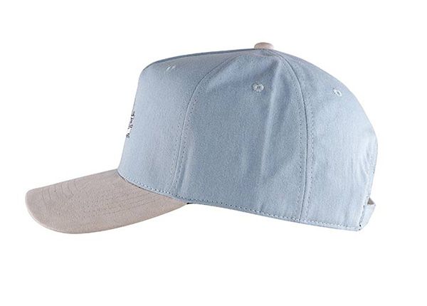 Side of Custom 5 Panel Blue Baseball Cap With Suede Brim