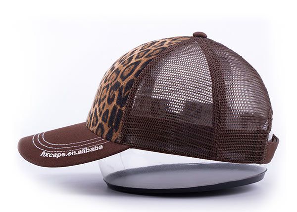 Side of Low Profile Brown Canvas Leopard Print Trucker Cap