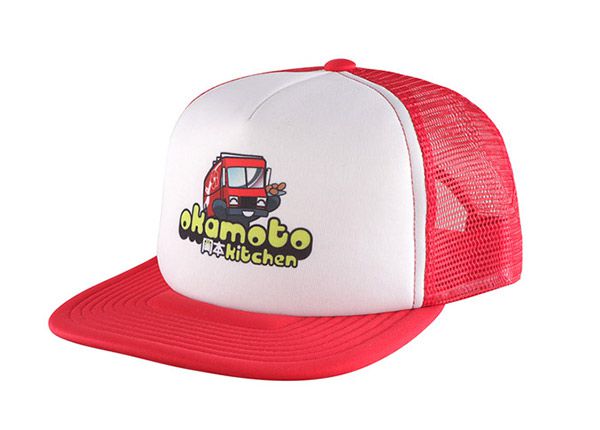 Slant of Custom Red Trucker Hat with White Printed Foam Front