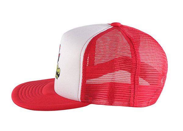 Side of Custom Red Trucker Hat with White Printed Foam Front