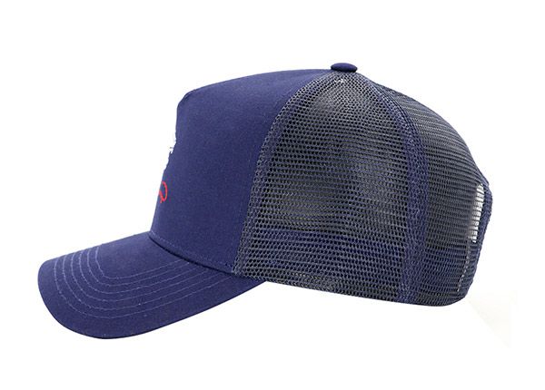 Side of Navy Five Panel Trucker Hat with Embroidered Logo