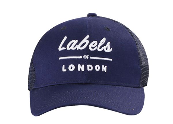 Front of Navy Blue Trucker Cap with White Embroidered Logo