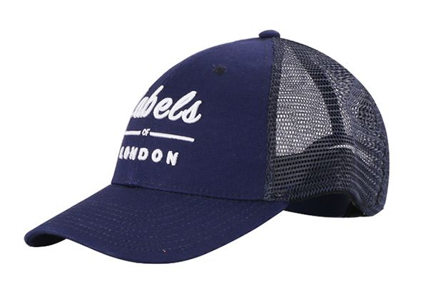 Slant of Navy Blue Trucker Cap with White Embroidered Logo